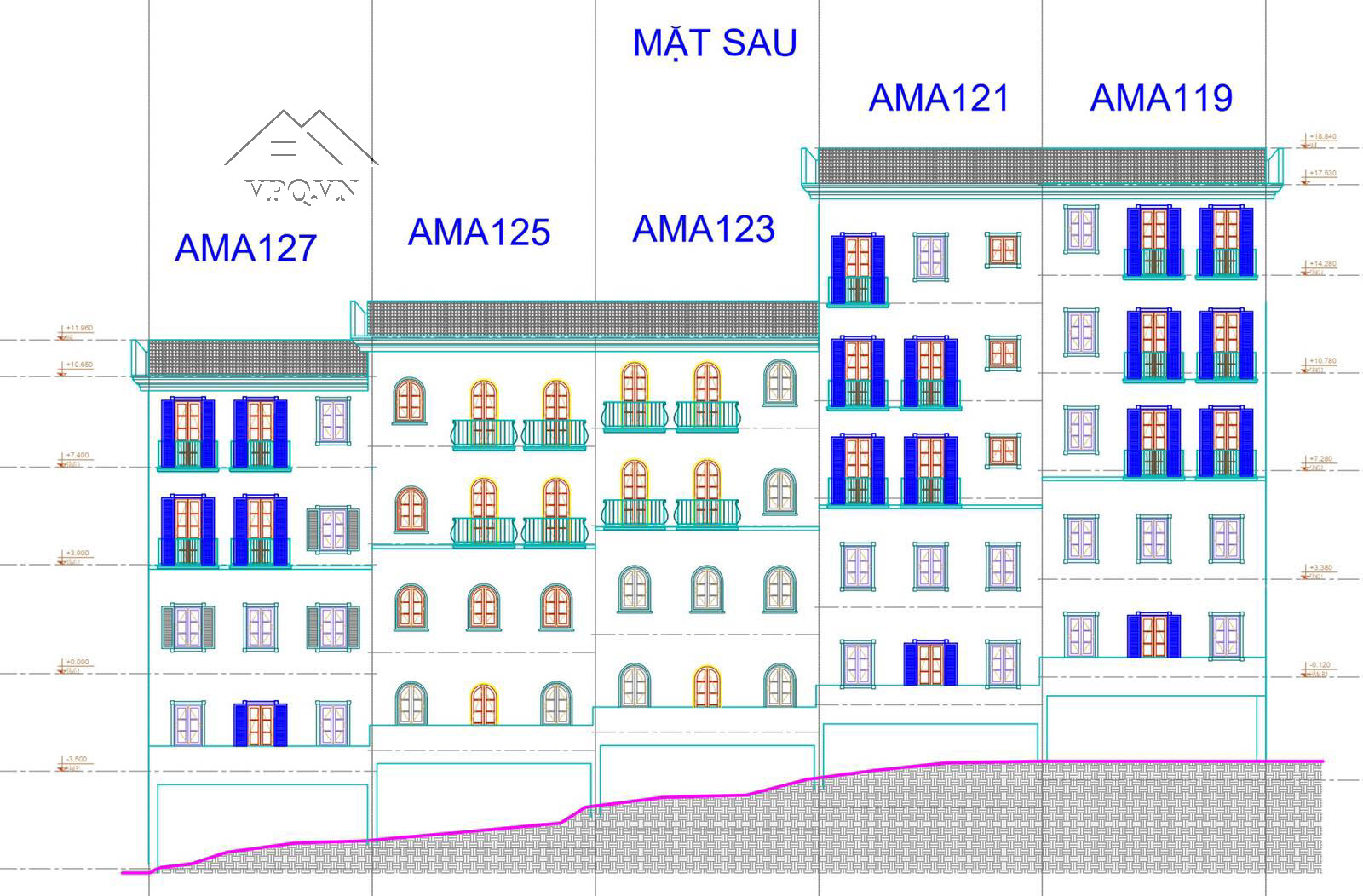 Địa hình Shophouse Địa Trung Hải cao độ mặt sau đường Amalfi